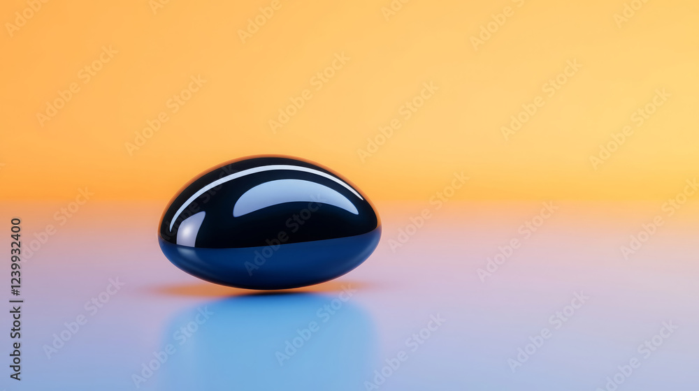 Poster smooth, metallic, deep blue drop rests on gradient background, creating serene and modern aesthetic.