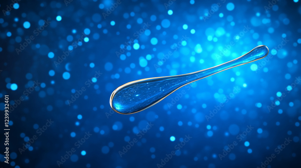 Poster dynamic image of metallic deep blue drop with shimmering effect, set against vibrant blue background