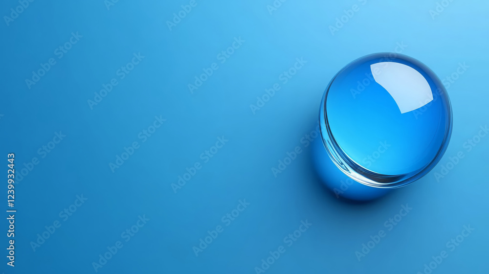 Poster dynamic image of metallic deep blue drop on smooth surface, reflecting light beautifully. vibrant color and glossy texture create captivating visual effect