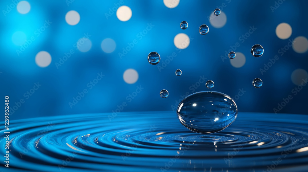 Poster dynamic image of metallic deep blue drop of water creating ripples in serene environment, evoking se