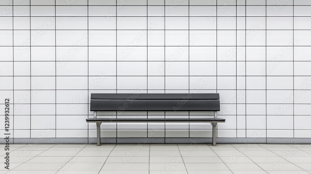 Poster modern black bench against minimalist tiled wall in public space, creating sense of calm and simplic