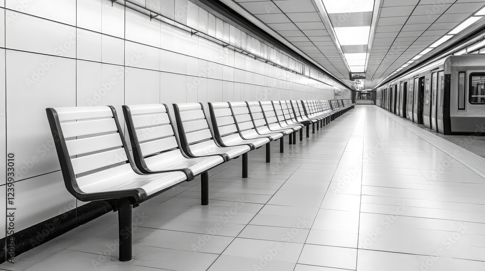 Poster black and white image of subway station featuring empty benches along tiled platform, creating calm 