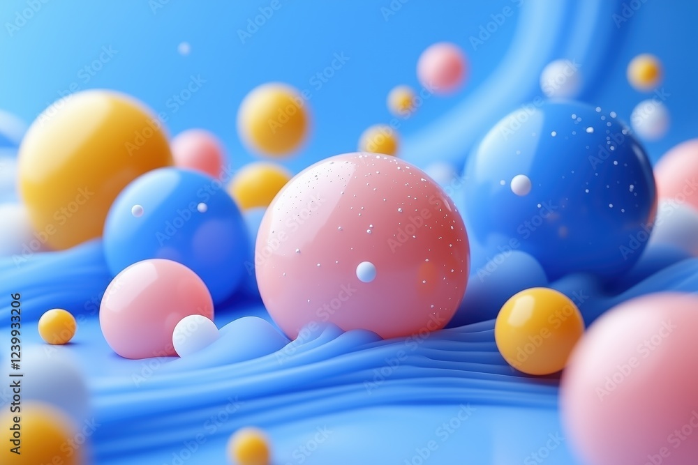 Poster colorful abstract spheres in various sizes and colors, set against a smooth blue background. the sce