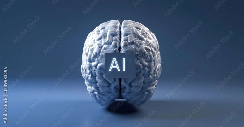 Poster artificial intelligence brain model with glowing ai symbol on blue background