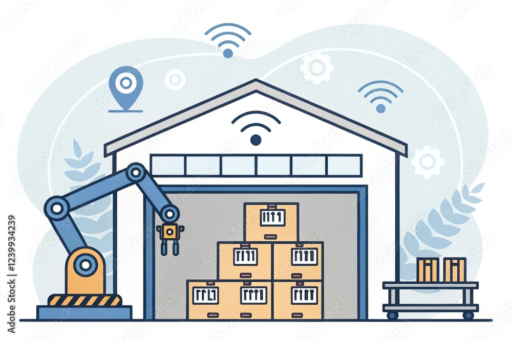 Poster a modern warehouse with robotic automation, featuring stacked boxes and wireless technology signals 