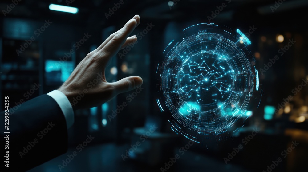 Poster man interacts with global data sphere, futuristic lab background, technology concept