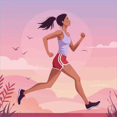 Woman Jogging Sunset Landscape Fitness Running Illustration