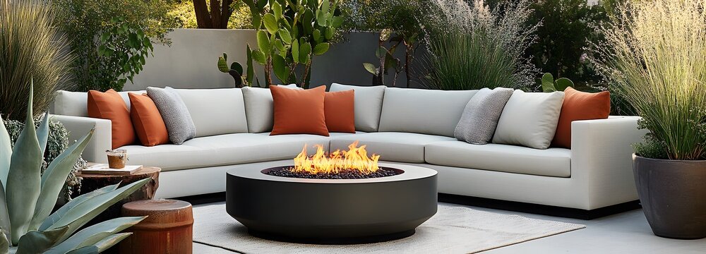 A modern outdoor lounge area with a sleek sectional sofa, fire pit, and potted plants