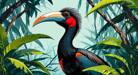 Obraz premium Portrait hoatzin on lush mangrove background illustration