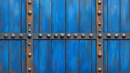 Fototapeta premium Vibrant blue wooden door with metal studs and rust, showcasing rustic charm and history