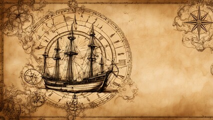 Fototapeta premium A vintage ship illustration on aged parchment, featuring navigational elements.
