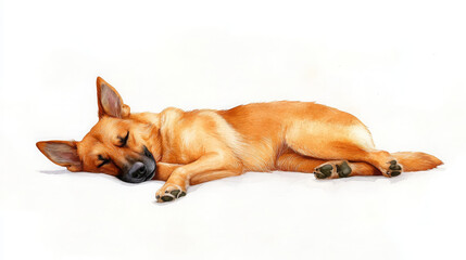 cute sleeping dog with golden coat, resting peacefully on white background. This illustration captures serene and adorable nature of dog in relaxed pose