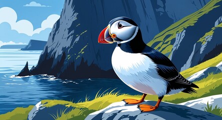 Naklejka premium Portrait horned puffin on rocky island cliff background illustration