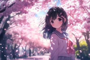 magical anime schoolgirl in pastel uniform beneath cherry blossom trees