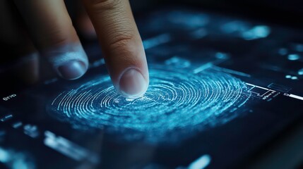 Fingertip scanning fingerprint on digital screen.
