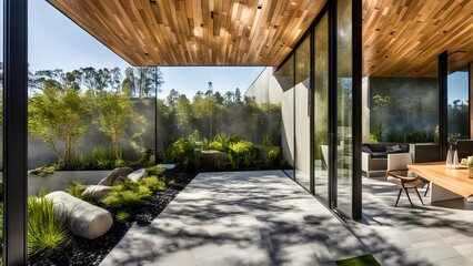 Modern outdoor space featuring sleek design, greenery, and natural light.