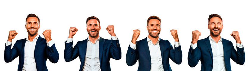 Set of happy businessman celebrating success isolated on transparent background