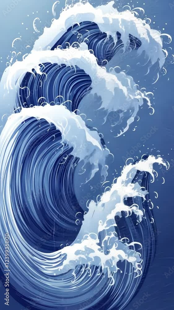 Poster dynamic ocean waves crashing against each other in a vibrant blue setting with foamy crests and intr
