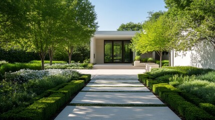 Modern home entrance, landscaped pathway, lush greenery, sunny day, suburban setting, architectural design