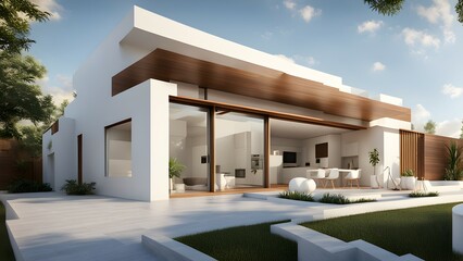 Modern architectural design featuring a sleek, minimalist house with large windows and outdoor space.