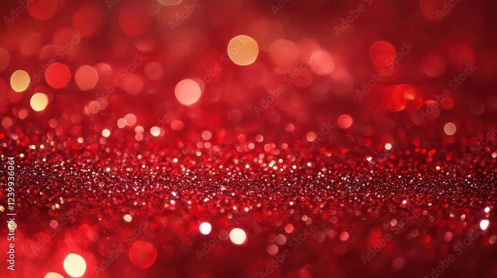 Poster red glitter bokeh background with blurred lights and sparkles.