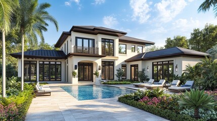 4K video rendering of a modern house with ample parking space and a stunning pool area. 