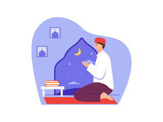 Muslim man doing evening prayer Illustration. Fasting ramadan illustration. Flat vector illustration concept.