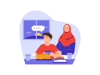 Muslim boy waiting for Dad before eating meal illustration. Fasting ramadan illustration. Flat vector illustration concept.