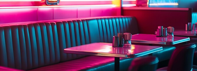 A retro-inspired diner booth with vinyl seats, neon lights, and chrome accents