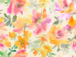 Abstract pink and orange Peonies and Foliage Seamless Pattern in Watercolor, Watercolor Floral Textile Design for spring.
