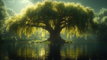 Majestic willow tree on lake island, sunlit forest background, ideal for fantasy art
