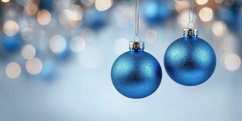 Three Blue Christmas Bauble Ornaments Hanging in Bokeh Background with Copy Space for Holiday Celebration