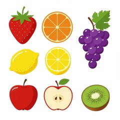 Colorful Fruit Illustration Set Featuring Strawberry, Orange, Lemon, Grape, Apple, and Kiwi for Food Design Projects