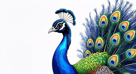 Fototapeta premium Portrait proud peacock displaying feathers on plain white background illustration