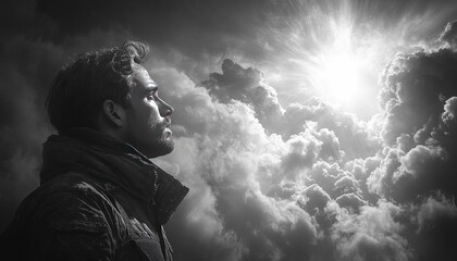 Man gazing at bright light breaking through dramatic clouds