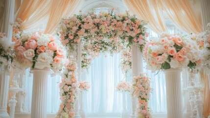 Elegant wedding ceremony setup with floral arch and pillars.