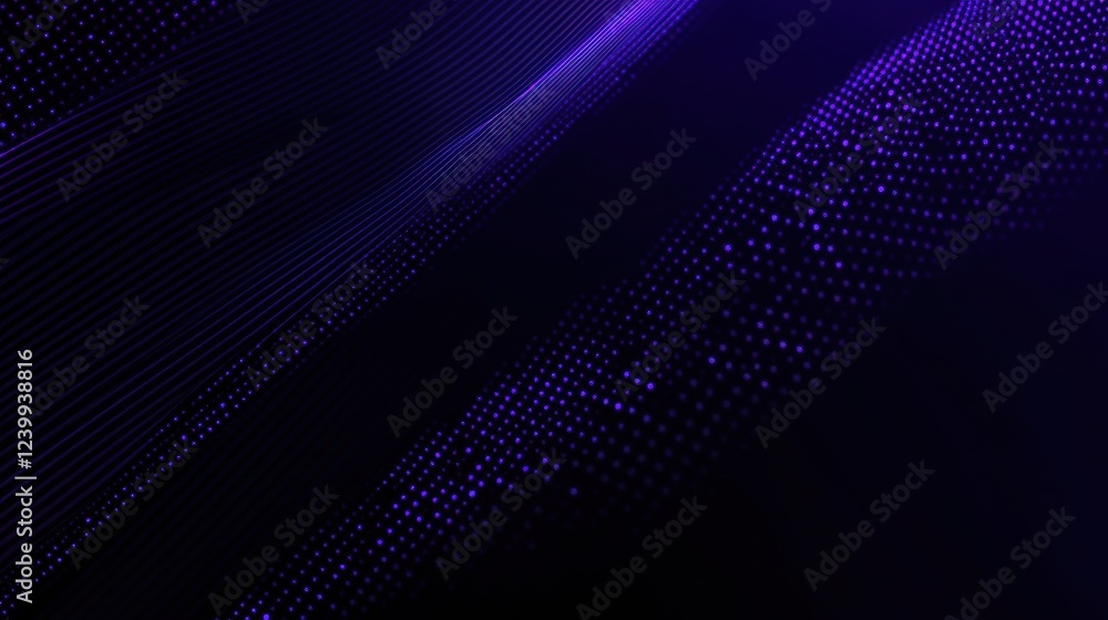 Poster Glowing digital particles and pixels creating an abstract dark blue background