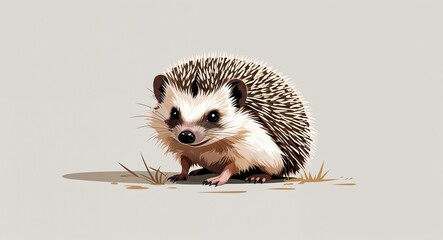 Portrait small hedgehog curled up on plain white background illustration