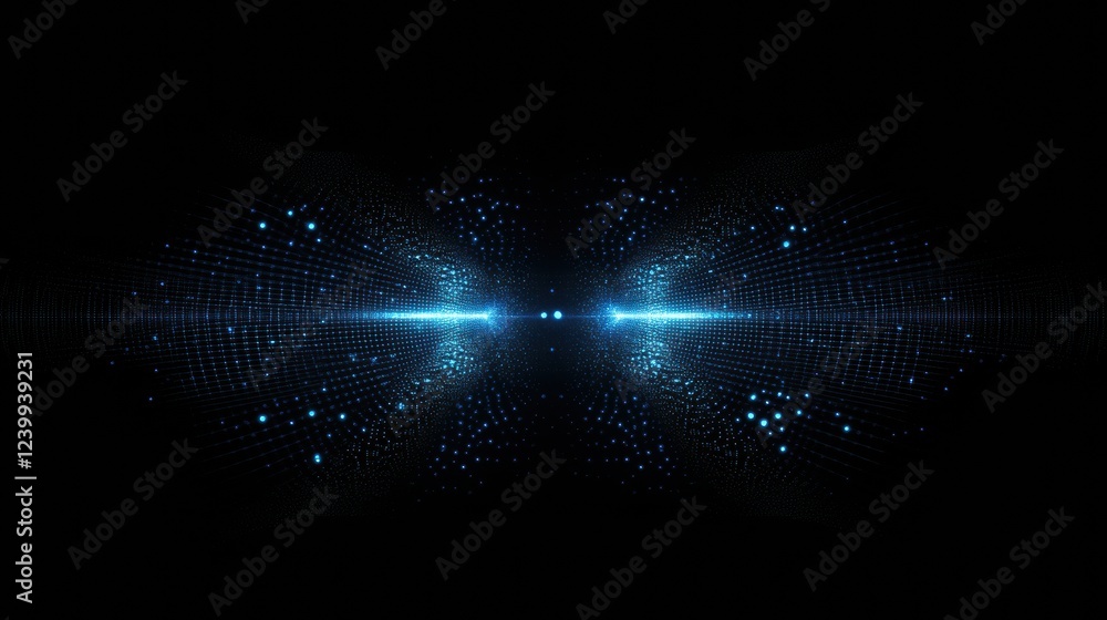 Poster Glowing digital particles and pixel dots creating a dark abstract background