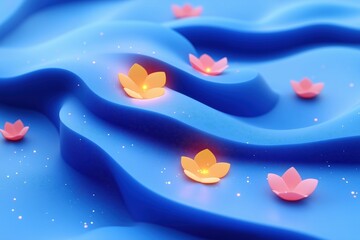 Fototapeta premium A serene blue background with wavy patterns, adorned with glowing pink and yellow lotus flowers floating on the surface, creating a tranquil atmosphere. 3d rendering cute illustration creative scene.