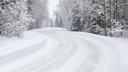 Obraz premium Winding snow-covered road through winter forest