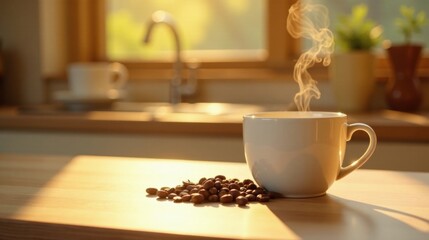 Warm morning sunlight illuminates a steaming mug of coffee and scattered coffee beans on a kitchen counter