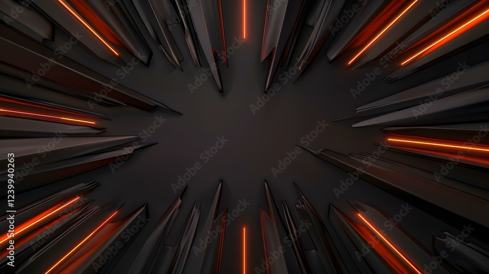 Poster the image contains a dark, abstract background with numerous sharp, black, angular shapes radiating 