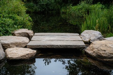 Obraz premium Stone pathway over tranquil pond in zen garden