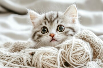 Obraz premium Playful Kitten Tangled in Yarn Ball