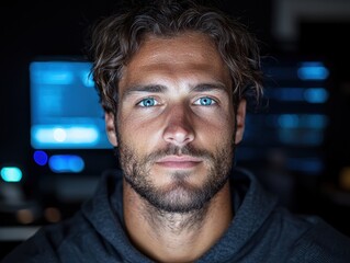 Portrait of a young man with blue eyes looking at the camera