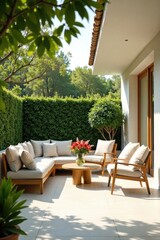 Obraz premium Tranquil Patio Oasis Luxurious Outdoor Seating Arrangement with Lush Greenery and Vibrant Flowers