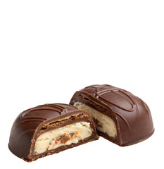 Obraz premium Chocolate Confectionery with Creamy Filling and Caramel Pieces on Transparent Background
