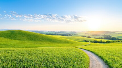 Fototapeta premium Sunny path through rolling green hills at sunrise