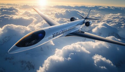 Fototapeta premium Electric Powered Airplane Soaring in the Sky Future Aviation Concept with Clean Energy and Aerodynamic Design